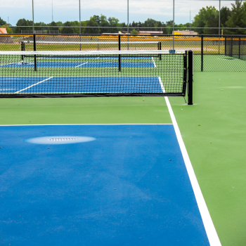 One side of pickleball court featuring blue pavement and net
