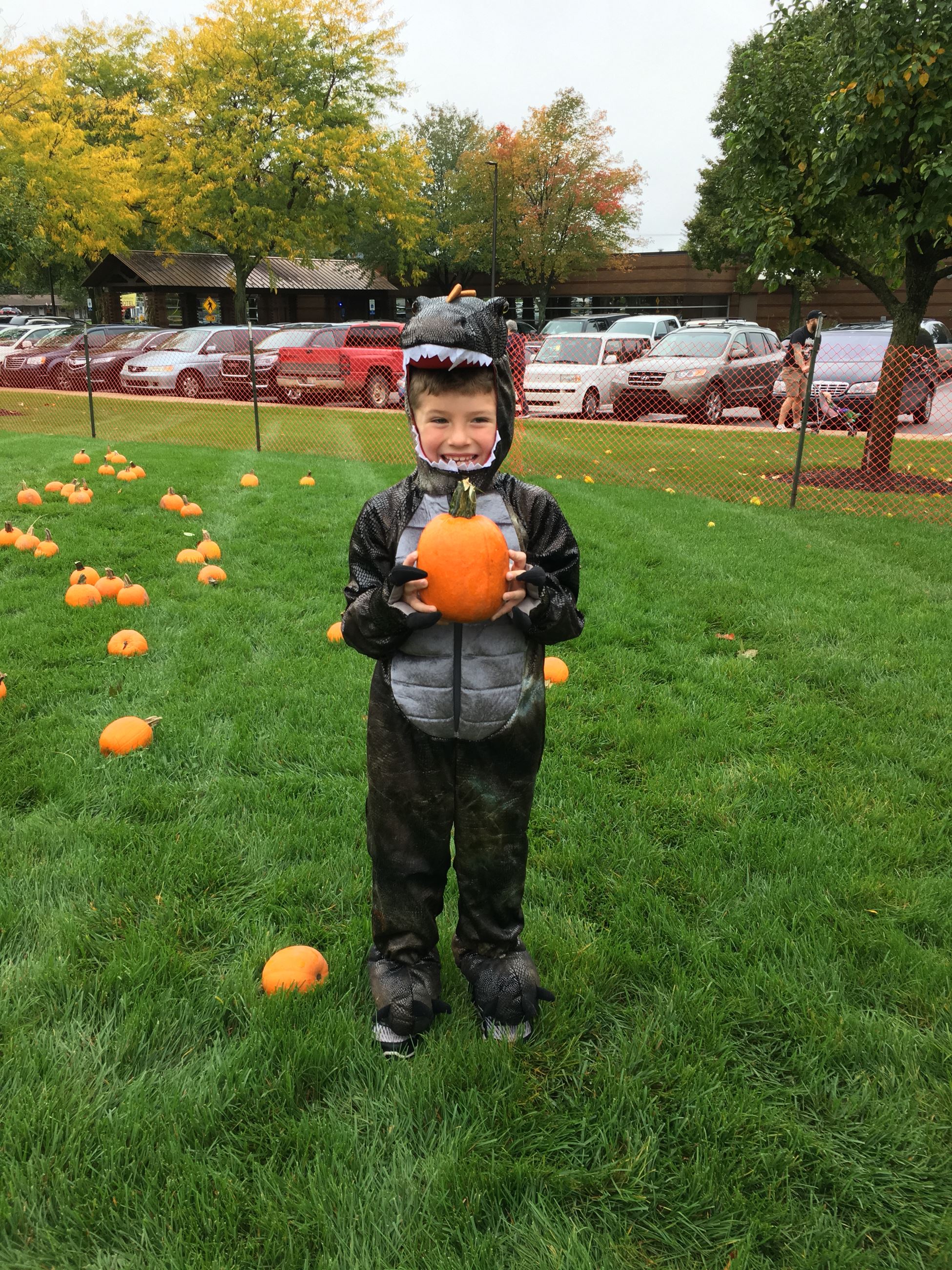 A child in a dinosaur costume, holding a pumpkin