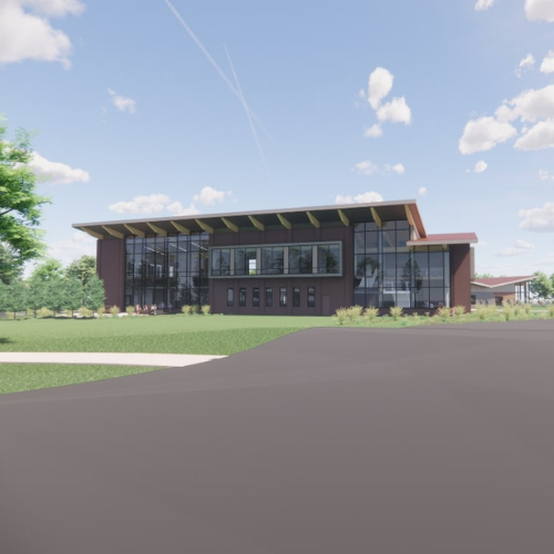 Rendering of two story building, slanted roof, lots of windows